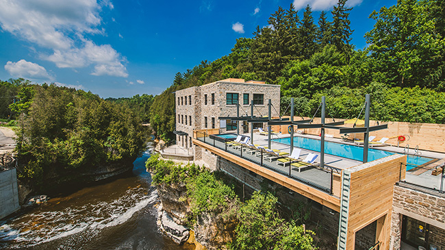 Elevated pool over the Elora gorge at the Elora Mill Hotel & Spa in Elora, Ontario